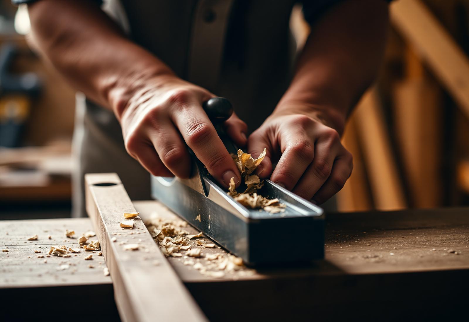 Vakman aan het werk met houten balk